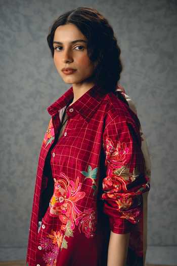 Paulmi And Harsh_Burgundy Satin, Lycra Collared Jade Checks And Floral Print Shirt _at_Aza_Fashions