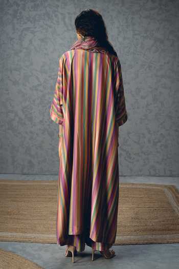 Shop_Paulmi And Harsh_Multi Color Silk, Modal, Organza Tassels Ayaka Earthy Striped Kurta Pant Set _at_Aza_Fashions