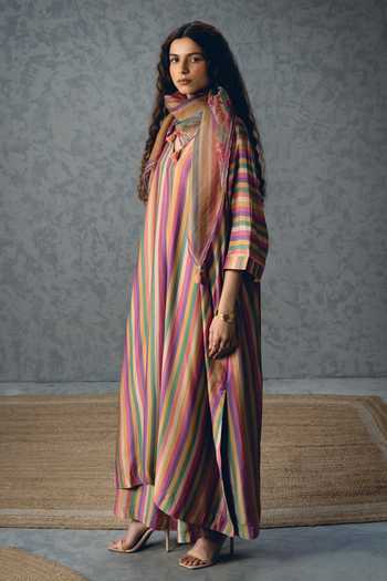 Paulmi And Harsh_Multi Color Silk, Modal, Organza Tassels Ayaka Earthy Striped Kurta Pant Set _Online_at_Aza_Fashions