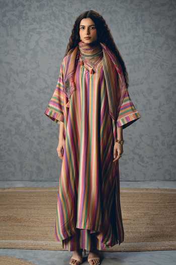 Buy_Paulmi And Harsh_Multi Color Silk, Modal, Organza Tassels Ayaka Earthy Striped Kurta Pant Set _at_Aza_Fashions