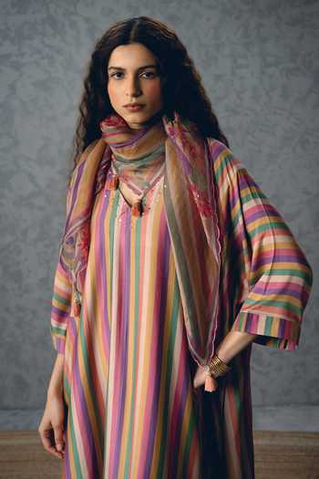 Buy_Paulmi And Harsh_Multi Color Silk, Modal, Organza Tassels Ayaka Earthy Striped Kurta Pant Set _Online_at_Aza_Fashions