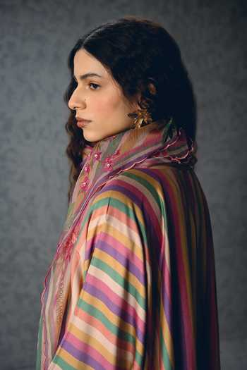Shop_Paulmi And Harsh_Multi Color Silk, Modal, Organza Tassels Ayaka Earthy Striped Kurta Pant Set _Online_at_Aza_Fashions