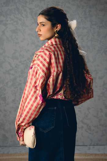 Shop_Paulmi And Harsh_Pink Poplin Collared Jade Floral And Checks Print Shirt _at_Aza_Fashions