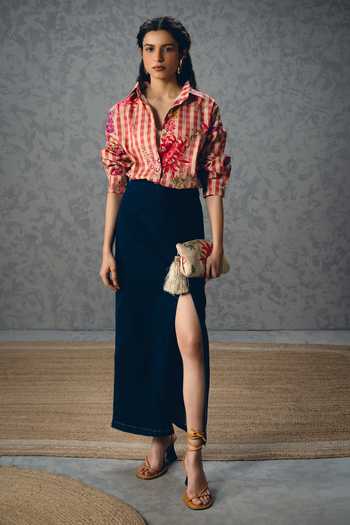 Paulmi And Harsh_Pink Poplin Collared Jade Floral And Checks Print Shirt _Online_at_Aza_Fashions