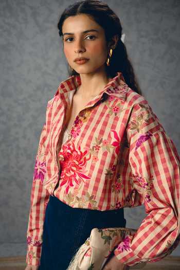 Shop_Paulmi And Harsh_Pink Poplin Collared Jade Floral And Checks Print Shirt _Online_at_Aza_Fashions