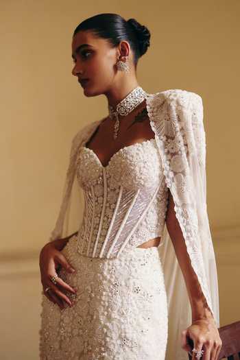 Mishru_Ivory Tulle Embroidery, Zarina Tonal Precious Flowers Corset And Skirt Set _Online_at_Aza_Fashions