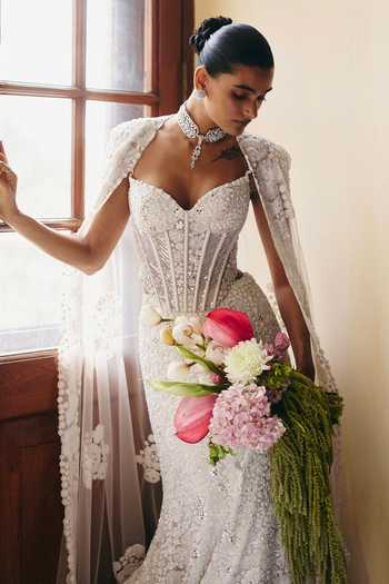 Buy_Mishru_Ivory Tulle Embroidery, Zarina Tonal Precious Flowers Corset And Skirt Set _Online_at_Aza_Fashions