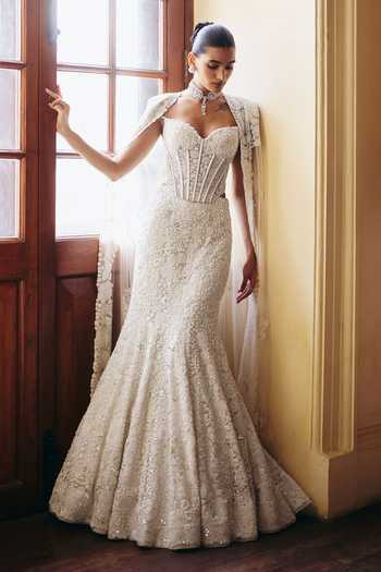 Shop_Mishru_Ivory Tulle Embroidery, Zarina Tonal Precious Flowers Corset And Skirt Set _Online_at_Aza_Fashions