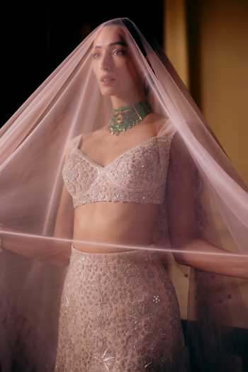 Mishru_Pink Tulle Sequins, Stones Nadia Tonal Embroidered Blouse And Skirt Set _Online_at_Aza_Fashions