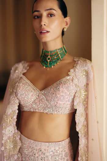 Buy_Mishru_Pink Tulle Sequins, Stones Nadia Tonal Embroidered Blouse And Skirt Set _Online_at_Aza_Fashions