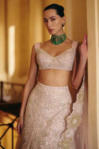 Shop_Mishru_Pink Tulle Sequins, Stones Nadia Tonal Embroidered Blouse And Skirt Set _Online_at_Aza_Fashions