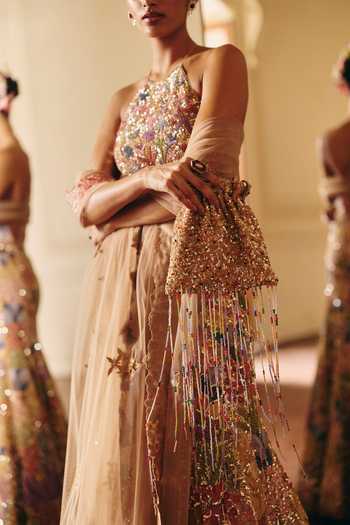 Mishru_Gold Tulle Embroidery, Sequins, Zari Halter Neck Amelia Lehenga Set _Online_at_Aza_Fashions