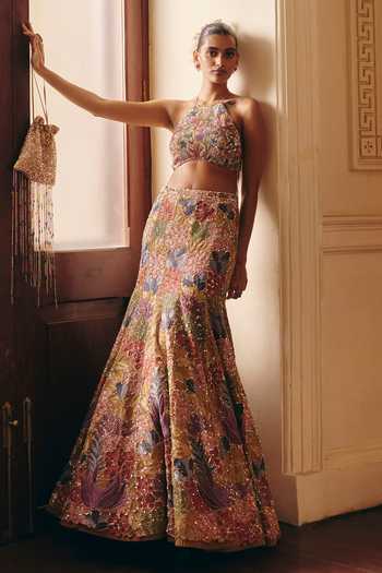 Shop_Mishru_Gold Tulle Embroidery, Sequins, Zari Halter Neck Amelia Lehenga Set _at_Aza_Fashions