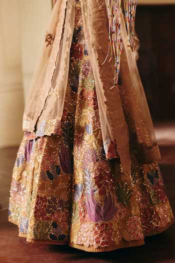 Buy_Mishru_Gold Tulle Embroidery, Sequins, Zari Halter Neck Amelia Lehenga Set _Online_at_Aza_Fashions