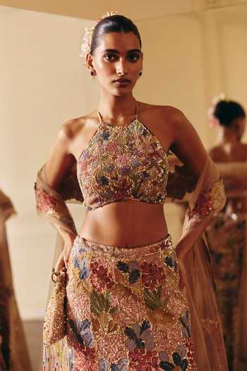 Shop_Mishru_Gold Tulle Embroidery, Sequins, Zari Halter Neck Amelia Lehenga Set _Online_at_Aza_Fashions