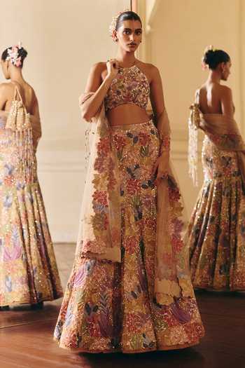 Mishru_Gold Tulle Embroidery, Sequins, Zari Halter Neck Amelia Lehenga Set _at_Aza_Fashions