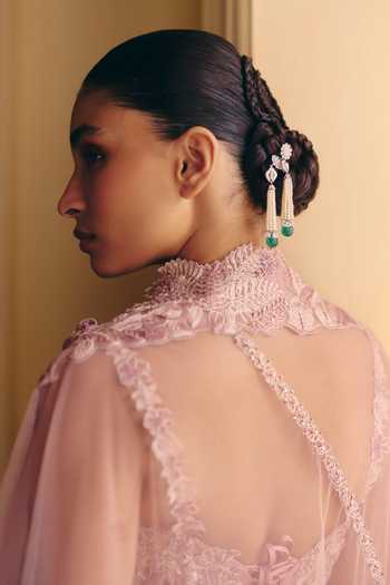 Mishru_Pink Tulle Embroidery, Sequins Sweetheart Neck Mishika Floral Corset Skirt Set _Online_at_Aza_Fashions