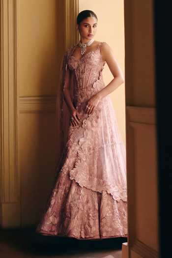 Shop_Mishru_Pink Tulle Embroidery, Sequins Sweetheart Neck Mishika Floral Corset Skirt Set _at_Aza_Fashions