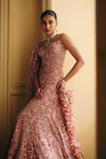 Buy_Mishru_Pink Tulle Embroidery, Sequins Sweetheart Neck Mishika Floral Corset Skirt Set _Online_at_Aza_Fashions