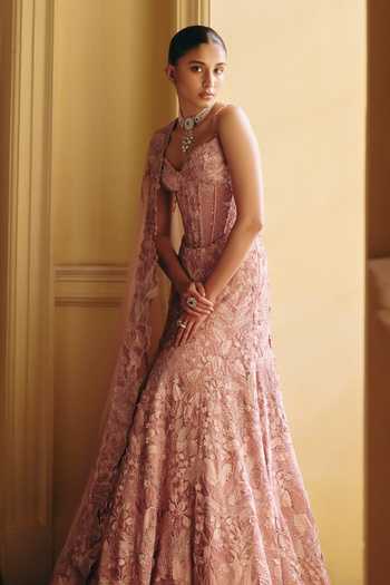 Shop_Mishru_Pink Tulle Embroidery, Sequins Sweetheart Neck Mishika Floral Corset Skirt Set _Online_at_Aza_Fashions