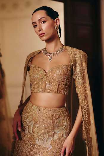 Mishru_Gold Tulle Embroidery, Sequins, Zari, Stones Josie Cape Lehenga Set _Online_at_Aza_Fashions