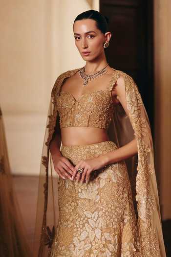 Shop_Mishru_Gold Tulle Embroidery, Sequins, Zari, Stones Josie Cape Lehenga Set _at_Aza_Fashions