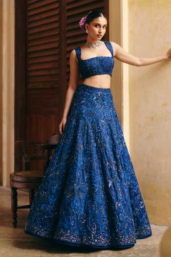 Shop_Mishru_Blue Tulle, Organza Embroidery, Sequins, Dual Tone Corset And Lehenga Set _at_Aza_Fashions
