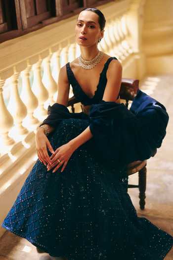 Shop_Mishru_Navy Tulle, Organza Sequins V-neck Diana Tonal Tropical Chequered Lehenga Set _at_Aza_Fashions