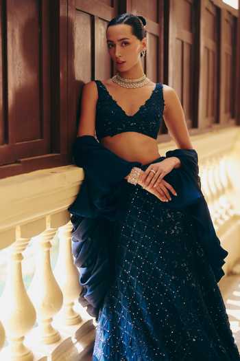 Mishru_Navy Tulle, Organza Sequins V-neck Diana Tonal Tropical Chequered Lehenga Set _Online_at_Aza_Fashions