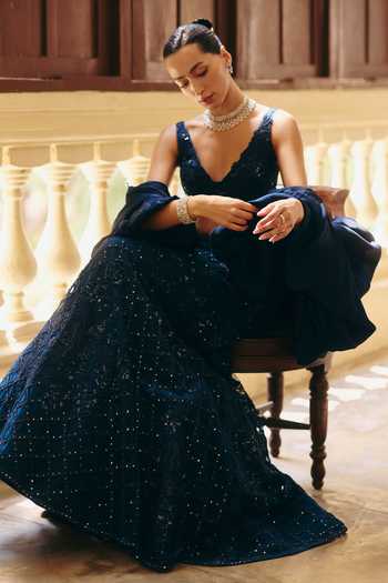 Shop_Mishru_Navy Tulle, Organza Sequins V-neck Diana Tonal Tropical Chequered Lehenga Set _Online_at_Aza_Fashions