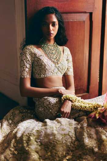 Buy_Mishru_Green Tulle Sequins, Zari, Stones Imani Floral Embroidered Cape Lehenga Set _Online_at_Aza_Fashions