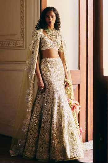 Buy_Mishru_Green Tulle Sequins, Zari, Stones Imani Floral Embroidered Cape Lehenga Set _at_Aza_Fashions