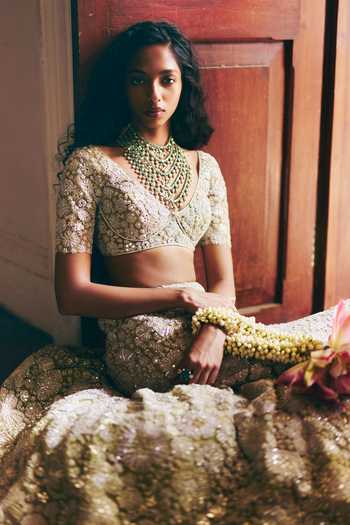 Shop_Mishru_Green Tulle Embroidery, Sequins, Zari, Stones V-neck Imani Cape Lehenga Set _at_Aza_Fashions