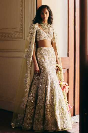 Buy_Mishru_Green Tulle Embroidery, Sequins, Zari, Stones V-neck Imani Cape Lehenga Set _at_Aza_Fashions