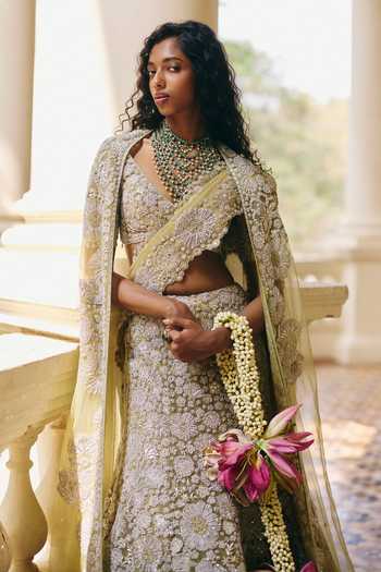 Buy_Mishru_Green Tulle Embroidery, Sequins, Zari, Stones V-neck Imani Cape Lehenga Set _Online_at_Aza_Fashions