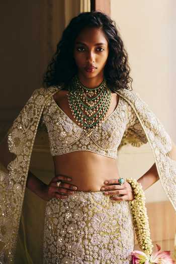 Shop_Mishru_Green Tulle Embroidery, Sequins, Zari, Stones V-neck Imani Cape Lehenga Set _Online_at_Aza_Fashions