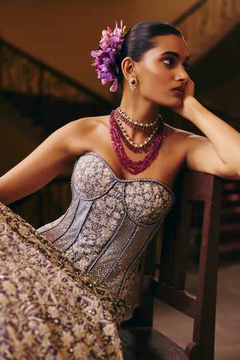 Mishru_Grey Organza, Tulle Embroidery Sweetheart Neck Zyra Wildflower Corset Skirt Set _Online_at_Aza_Fashions