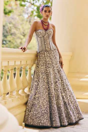 Shop_Mishru_Grey Organza, Tulle Embroidery Sweetheart Neck Zyra Wildflower Corset Skirt Set _at_Aza_Fashions