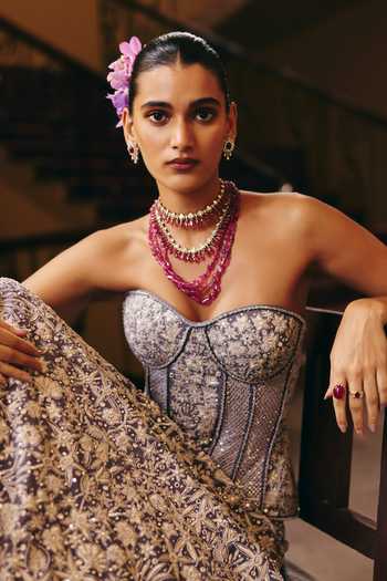 Buy_Mishru_Grey Organza, Tulle Embroidery Sweetheart Neck Zyra Wildflower Corset Skirt Set _Online_at_Aza_Fashions