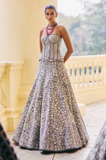 Shop_Mishru_Grey Organza, Tulle Embroidery Sweetheart Neck Zyra Wildflower Corset Skirt Set _Online_at_Aza_Fashions