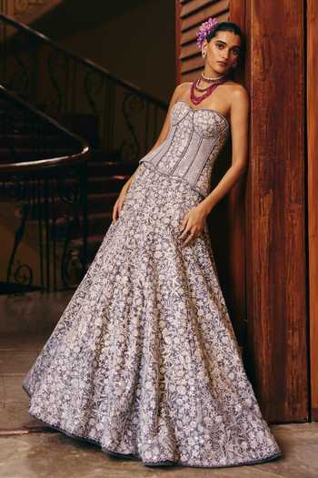Mishru_Grey Organza, Tulle Embroidery Sweetheart Neck Zyra Wildflower Corset Skirt Set _at_Aza_Fashions