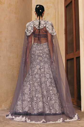 Shop_Mishru_Grey Tulle Embroidery, Sequins, Zari Halter Neck Zuri Cape Skirt Set _at_Aza_Fashions
