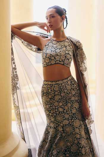 Mishru_Grey Tulle Embroidery, Sequins, Zari Halter Neck Zuri Cape Skirt Set _Online_at_Aza_Fashions