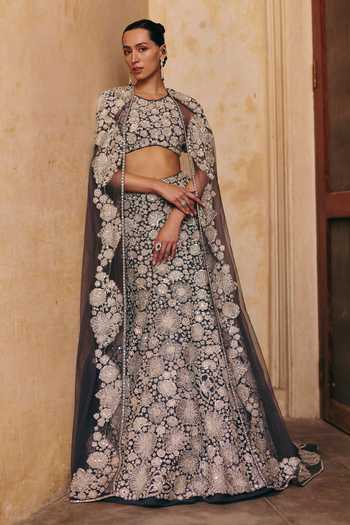 Shop_Mishru_Grey Tulle Embroidery, Sequins, Zari Halter Neck Zuri Cape Skirt Set _Online_at_Aza_Fashions