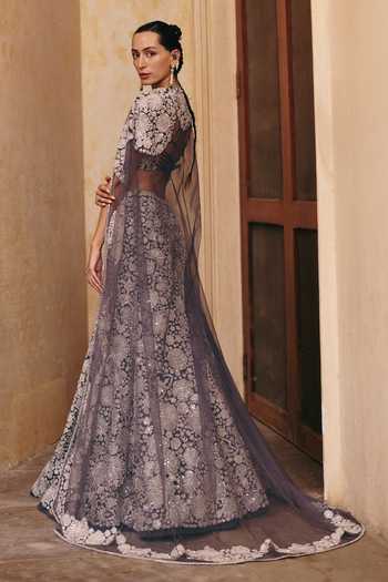 Mishru_Grey Tulle Embroidery, Sequins, Zari Halter Neck Zuri Cape Skirt Set _at_Aza_Fashions