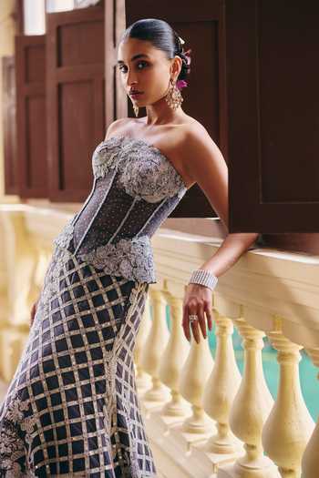 Mishru_Grey Tulle Sequins, Zari, Stones, Embroidery Bandeau Diana Corset And Skirt Set _Online_at_Aza_Fashions