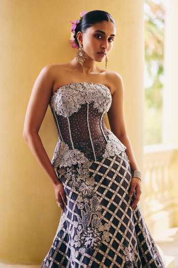 Buy_Mishru_Grey Tulle Sequins, Zari, Stones, Embroidery Bandeau Diana Corset And Skirt Set _Online_at_Aza_Fashions
