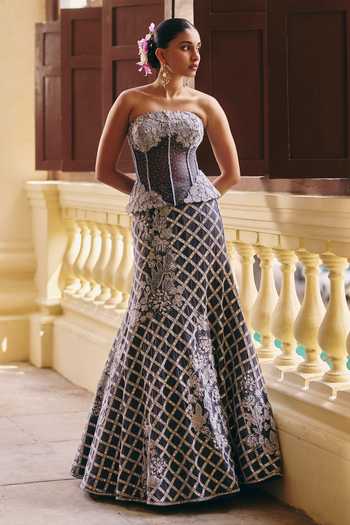 Shop_Mishru_Grey Tulle Sequins, Zari, Stones, Embroidery Bandeau Diana Corset And Skirt Set _at_Aza_Fashions