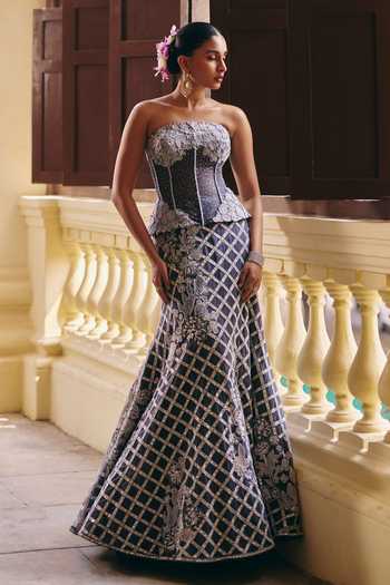 Buy_Mishru_Grey Tulle Sequins, Zari, Stones, Embroidery Bandeau Diana Corset And Skirt Set _at_Aza_Fashions