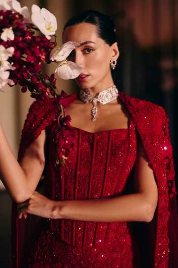 Buy_Mishru_Red Tulle Embroidery, Sequins Square Neck Gianna Corset Skirt Set 